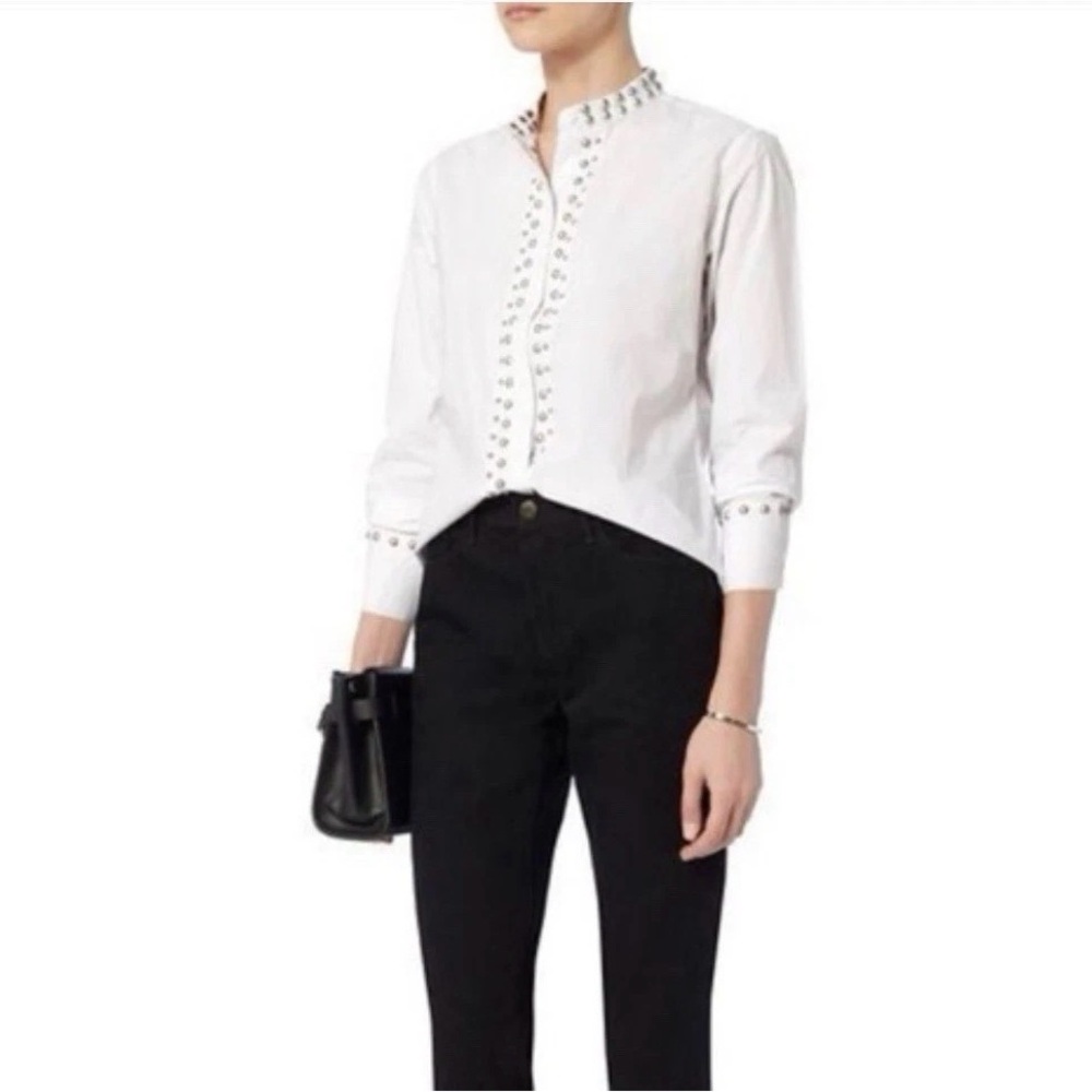 NSF White Button-Down Long Sleeve Shirt Top Small Cotton‎ Studded Preppy Classic